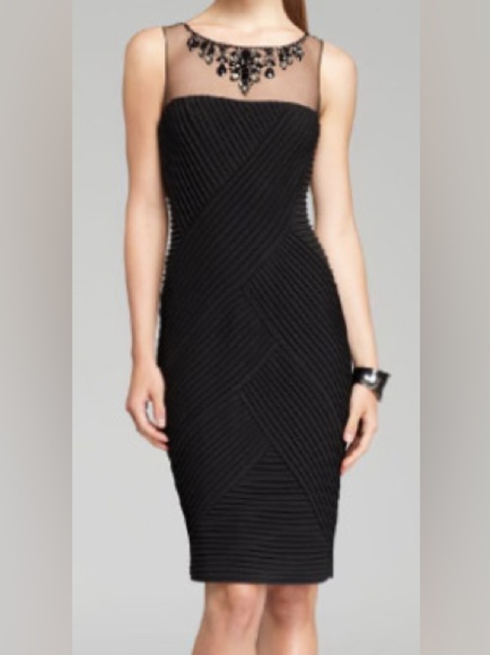 Adriana Papell Bodycon Pleated Beaded Midi Dress in Black Size Medium